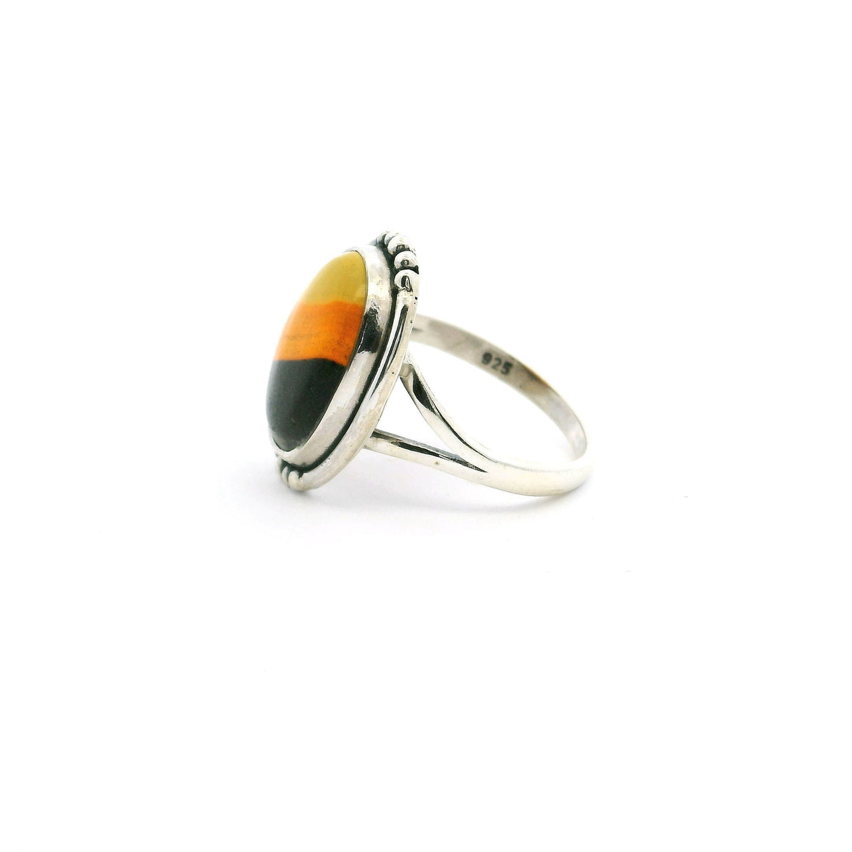 Bumblebee Jasper Ring - Oval Tri-color Cabochon with Double Band & Beaded Accents Bezel Set in 925 Sterling Silver sz5