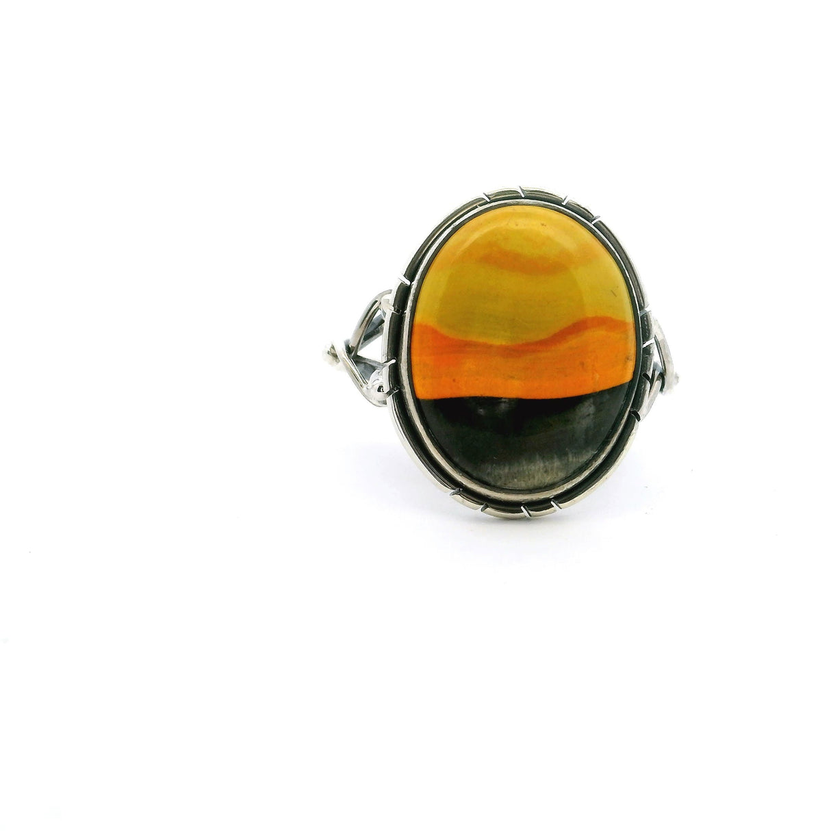 Bumblebee Jasper Ring - Oval Tri-color Cabochon with Double Band & Side Wishbone Accents Bezel Set in 925 Sterling Silver sz9