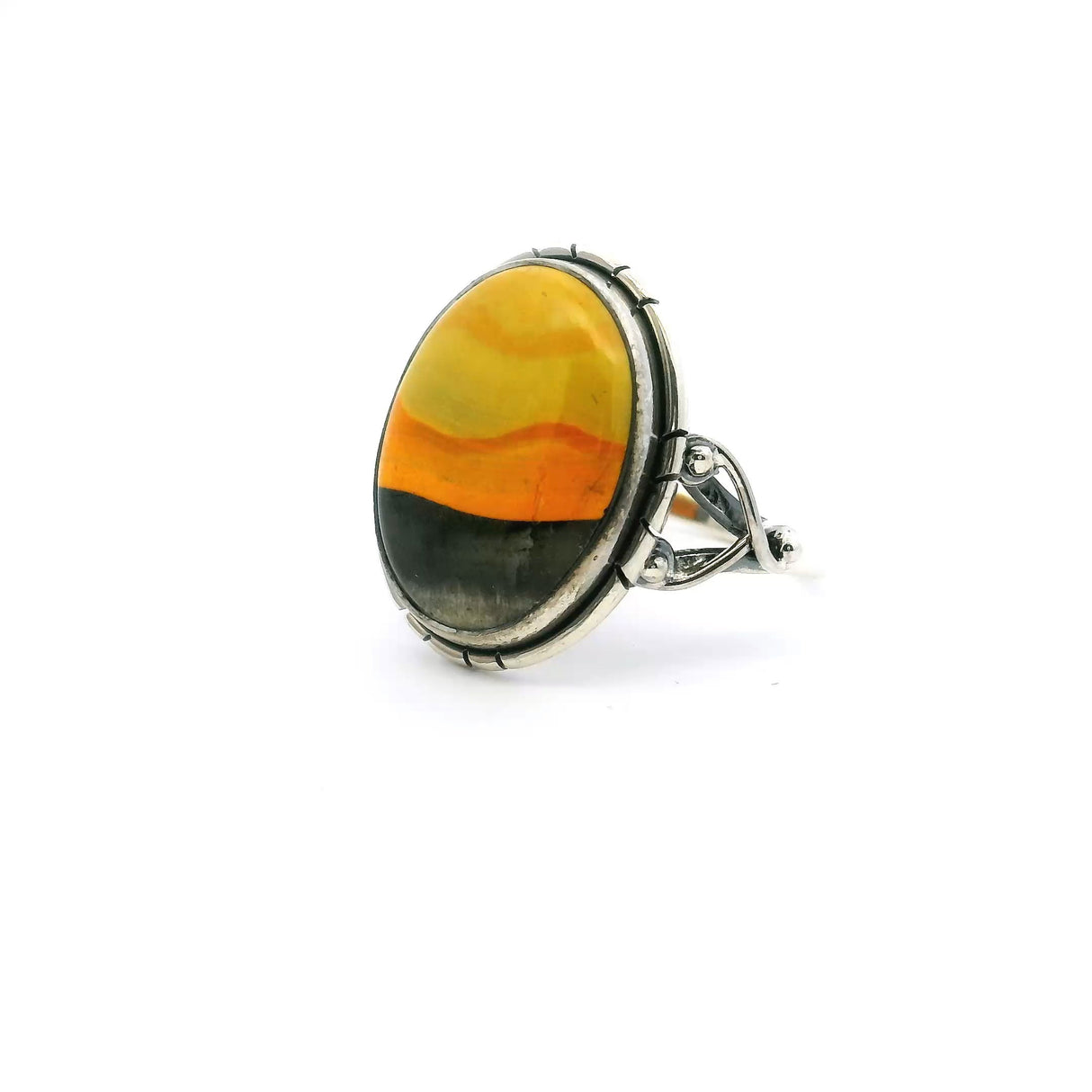 View of Bumblebee Jasper Ring - Oval Tri-color Cabochon with Double Band & Side Wishbone Accents Bezel Set in 925 Sterling Silver sz9