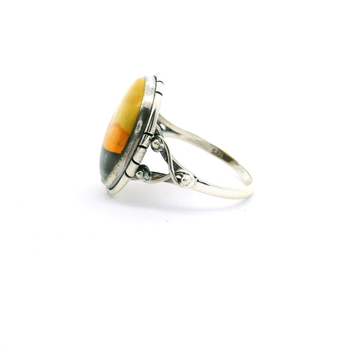 Bumblebee Jasper Ring - Oval Tri-color Cabochon with Double Band & Side Wishbone Accents Bezel Set in 925 Sterling Silver sz9
