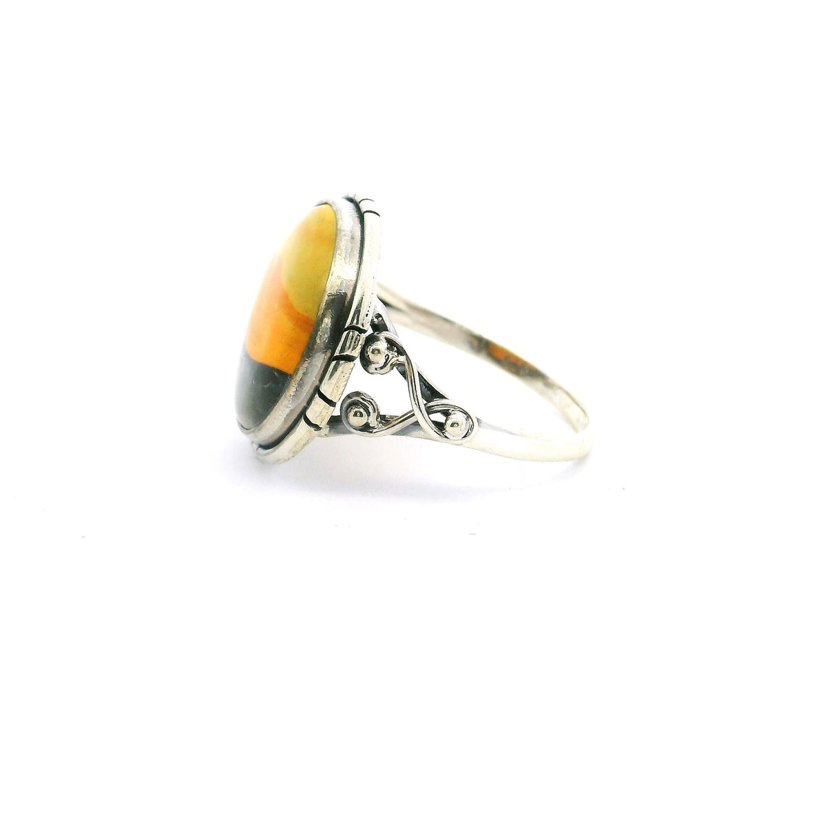 Bumblebee Jasper Ring - Round Tri-color Cabochon with Double Band & Side Wishbone Accents Bezel Set in 925 Sterling Silver sz10
