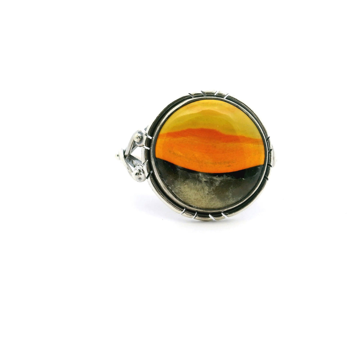 Bumblebee Jasper Ring - Round Tri-color Cabochon with Double Band & Side Wishbone Accents Bezel Set in 925 Sterling Silver sz10