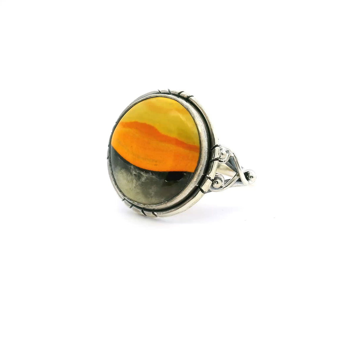 View of Bumblebee Jasper Ring - Round Tri-color Cabochon with Double Band & Side Wishbone Accents Bezel Set in 925 Sterling Silver sz10