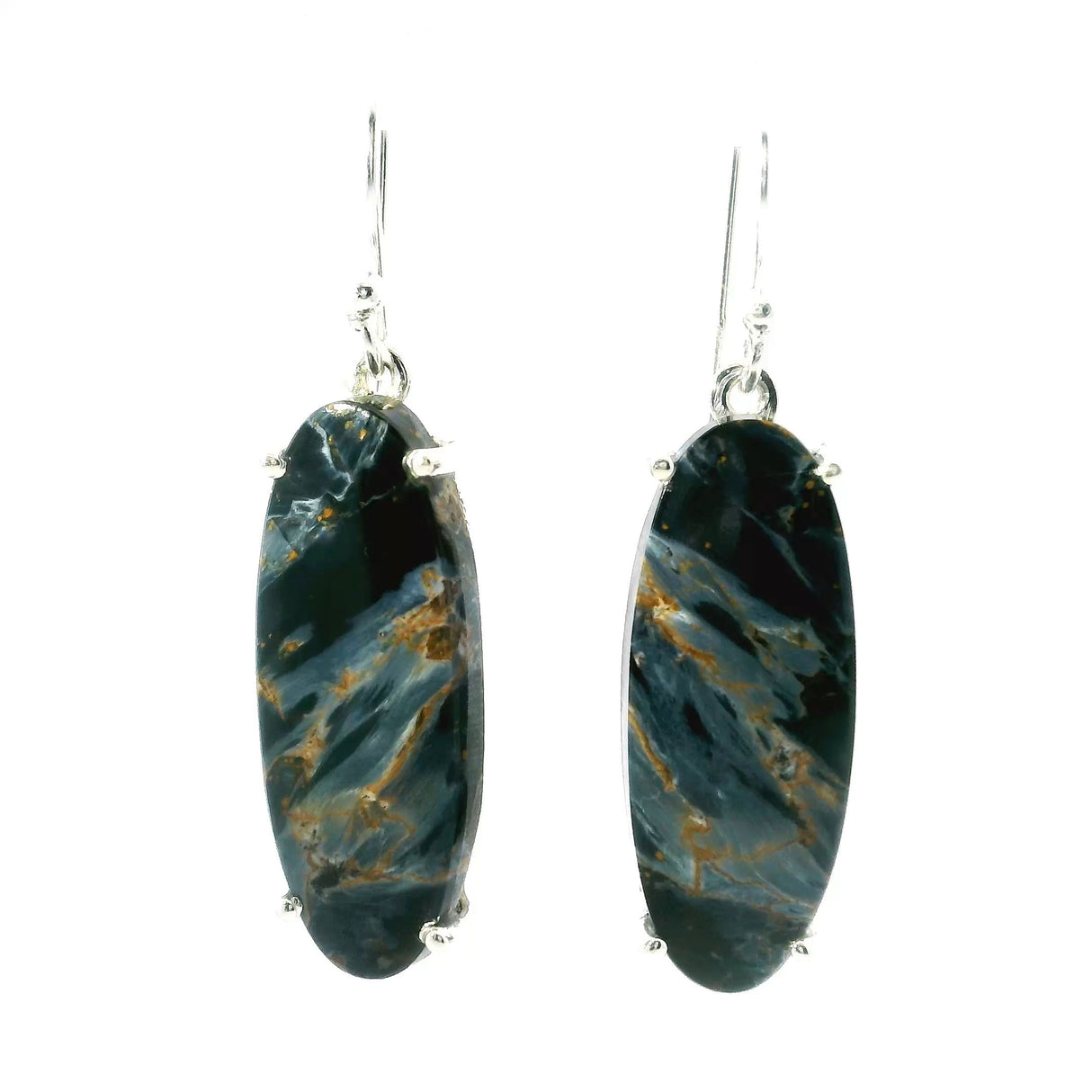 View of Pietersite Dangle Earrings - Elongated Oval with Diagonal Blue & Brown Lines Prong Set in 925 Sterling Silver