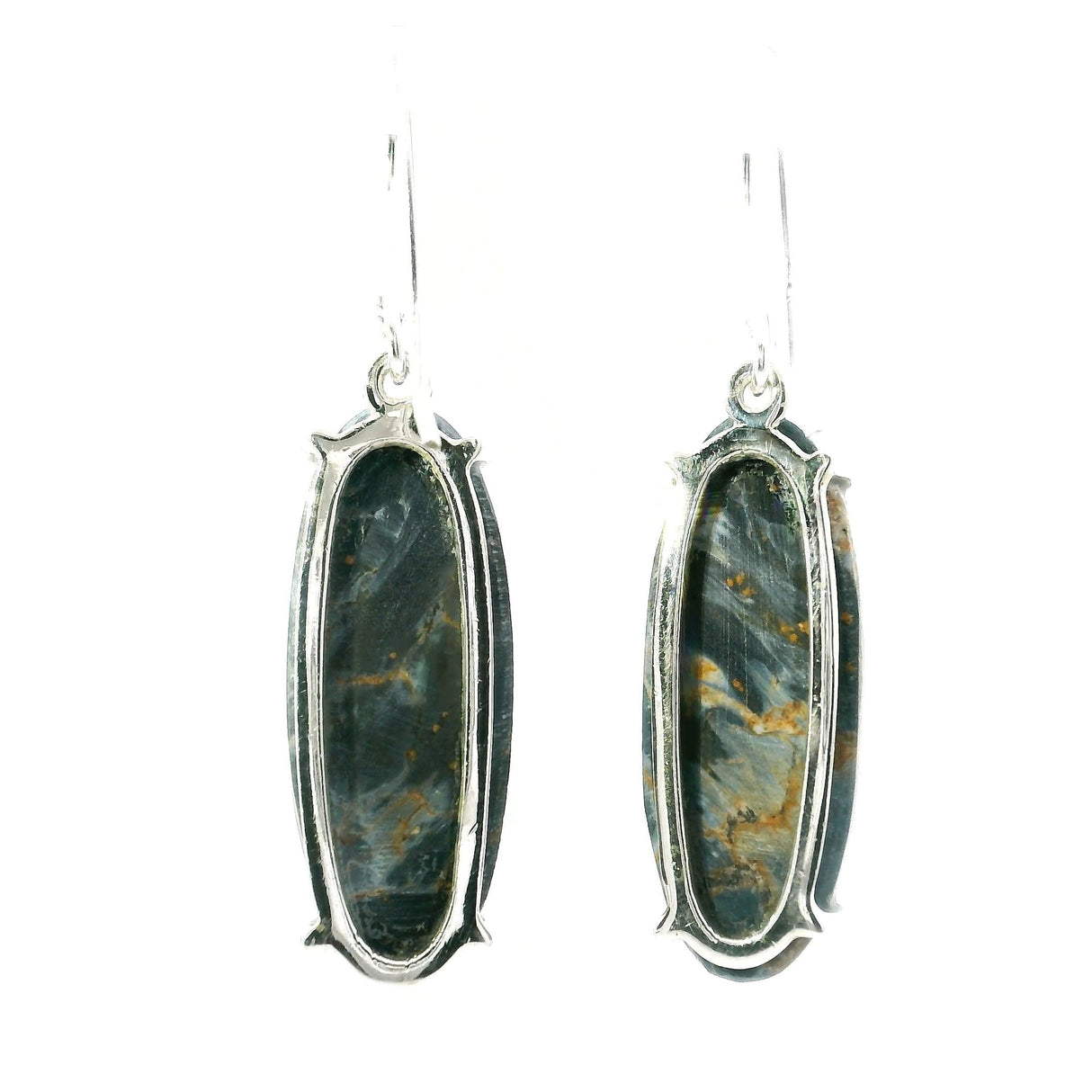 Pietersite Dangle Earrings - Elongated Oval with Diagonal Blue & Brown Lines Prong Set in 925 Sterling Silver