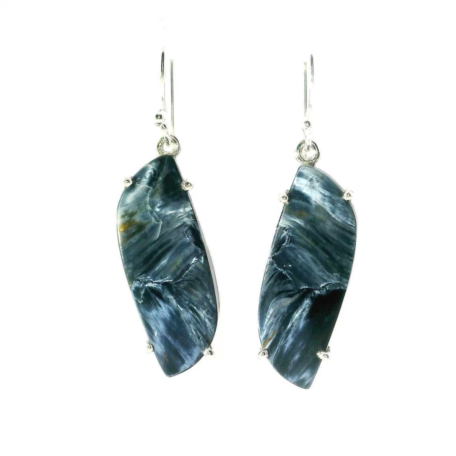 View of Pietersite Dangle Earrings - S-Shaped Cabochon Prong Set in 925 Sterling Silver