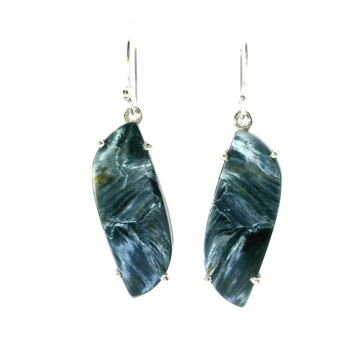 View of Pietersite Dangle Earrings - S-Shaped Cabochon Prong Set in 925 Sterling Silver