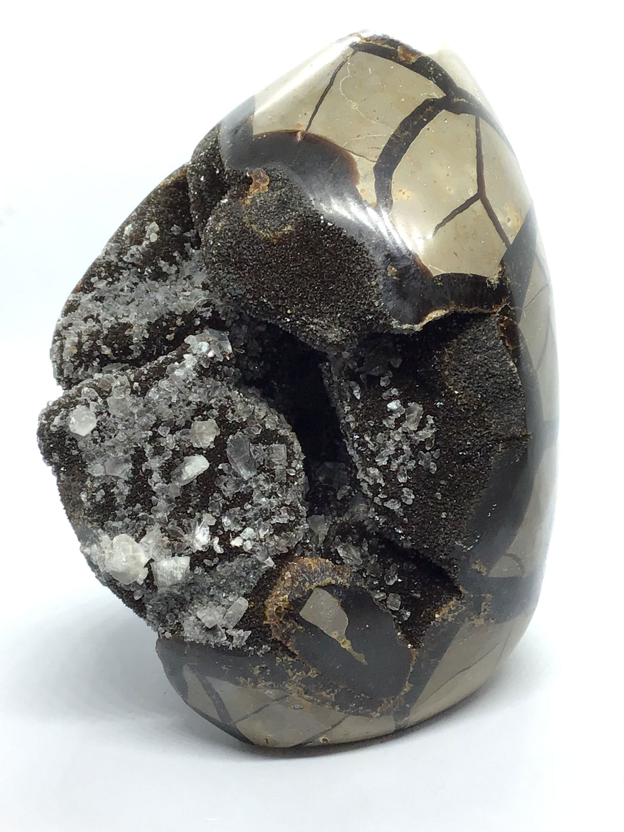 View of Septarian Druze Geode Freeform Egg with Cut Base from Madagascar - Calcite Crystal Inclusions
