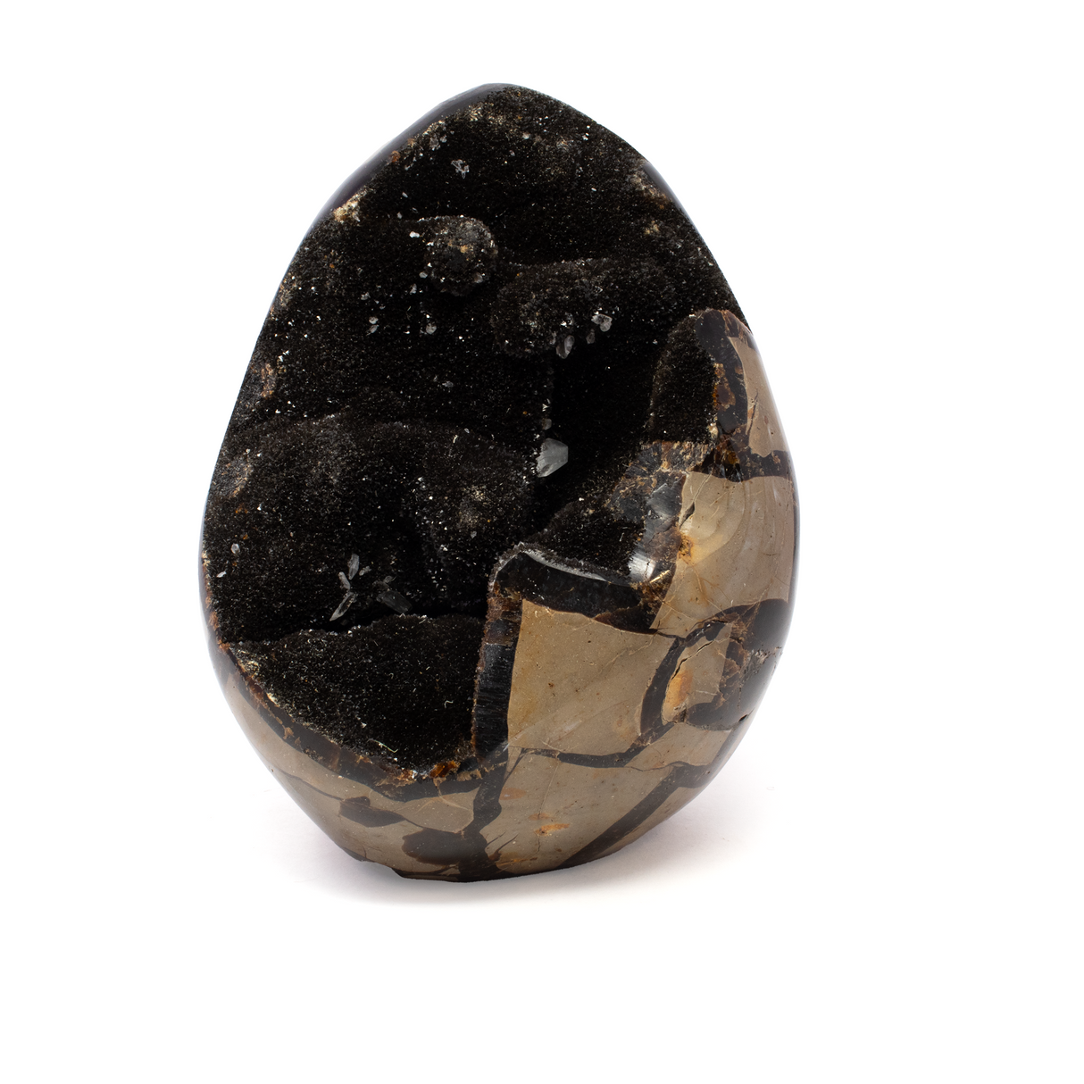 View of Septarian Druze Geode Freeform Egg with Cut Base from Madagascar - Calcite Crystal Inclusions