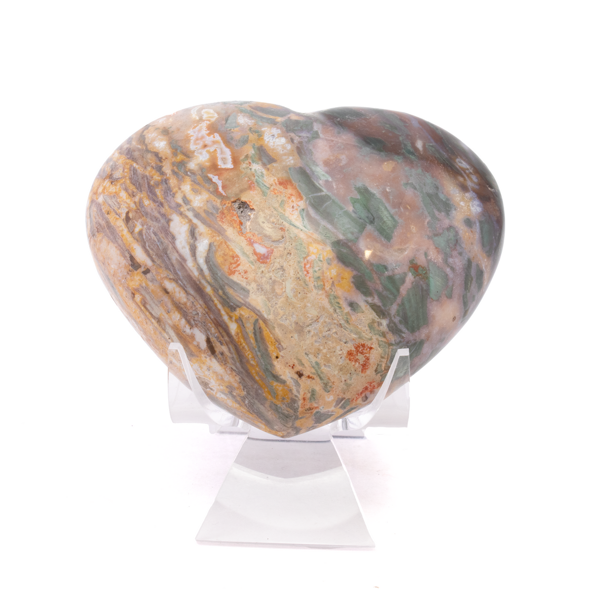 View of Madagascar Petrified Wood Heart with Lucite Stand - Unique Greens from Chromium