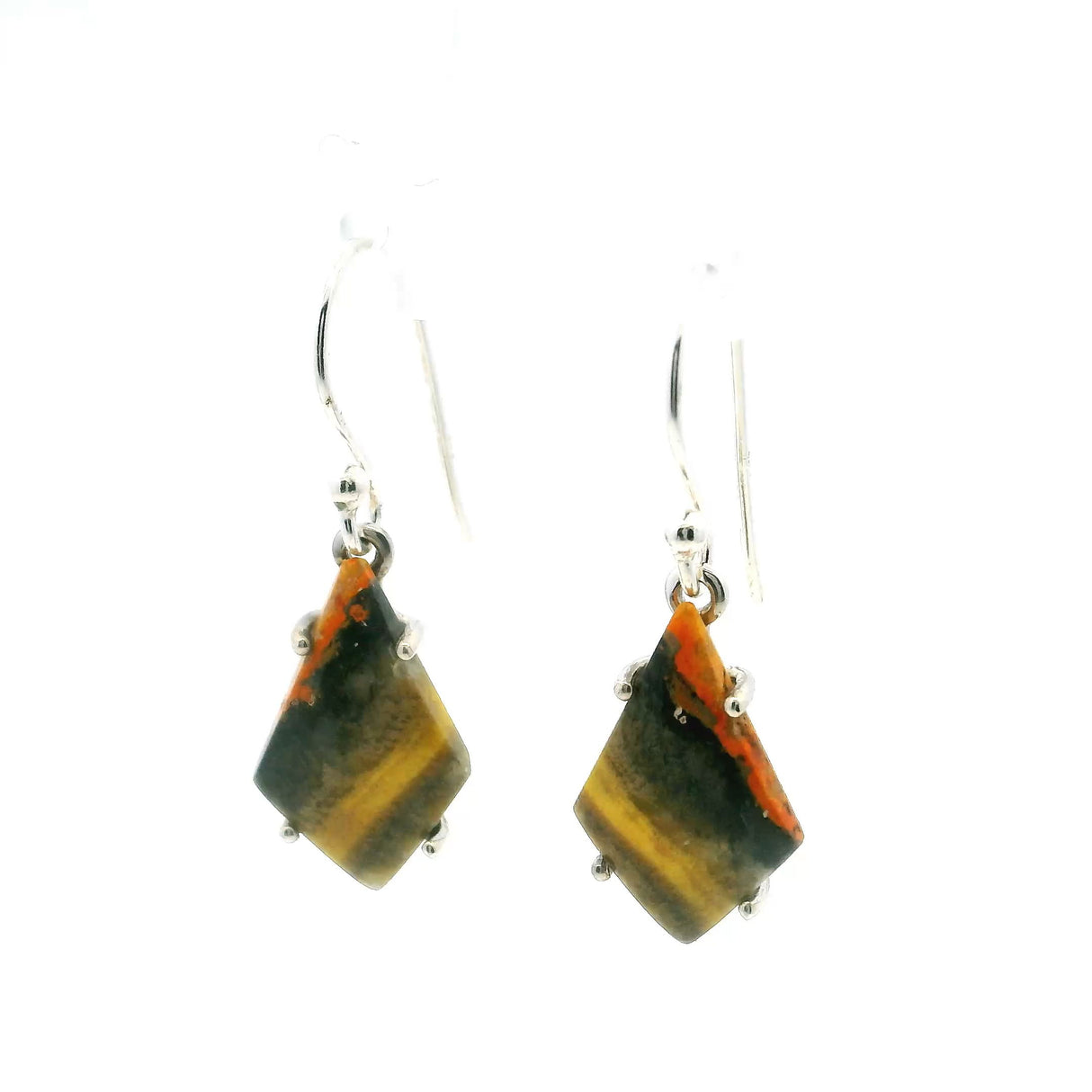View of Bumblebee Jasper Dangle Earrings - Inverted Kite Cabochon with Angled Yellow & Black Banding Prong Set in 925 Steling Silver