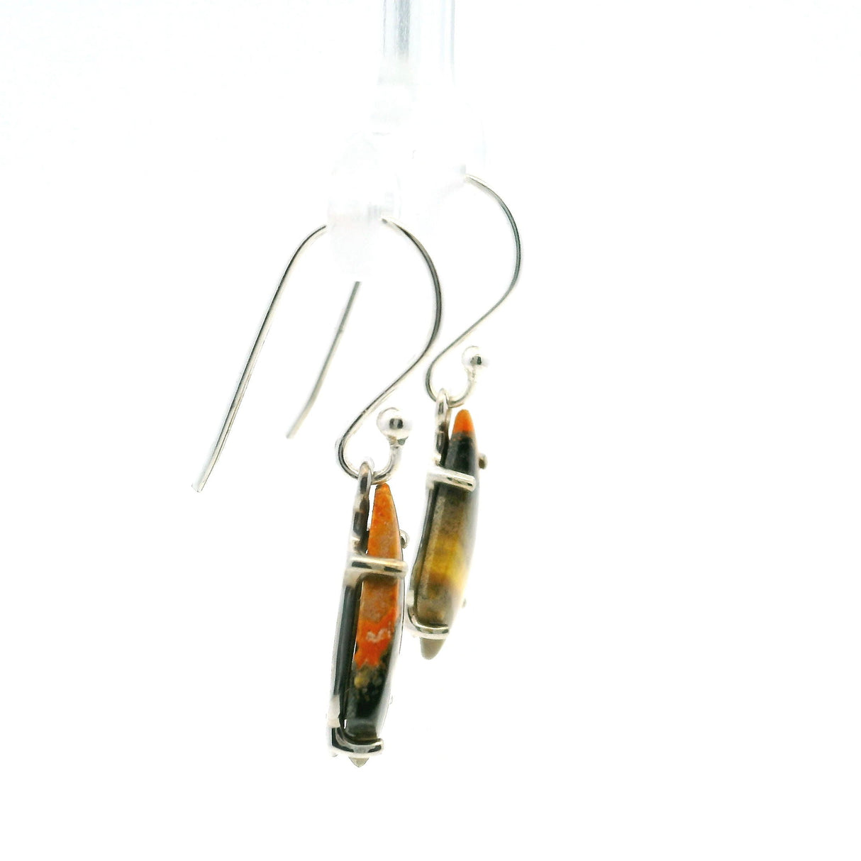 Bumblebee Jasper Dangle Earrings - Inverted Kite Cabochon with Angled Yellow & Black Banding Prong Set in 925 Steling Silver