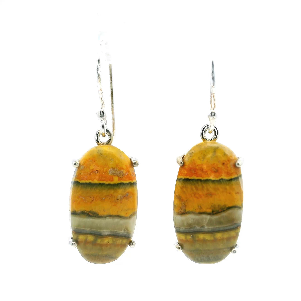 View of Bumblebee Jasper Dangle Earrings - Oval Cabochon with Horizontal Yellow & Gray & Black Banding Prong Set in 925 Sterling Silver