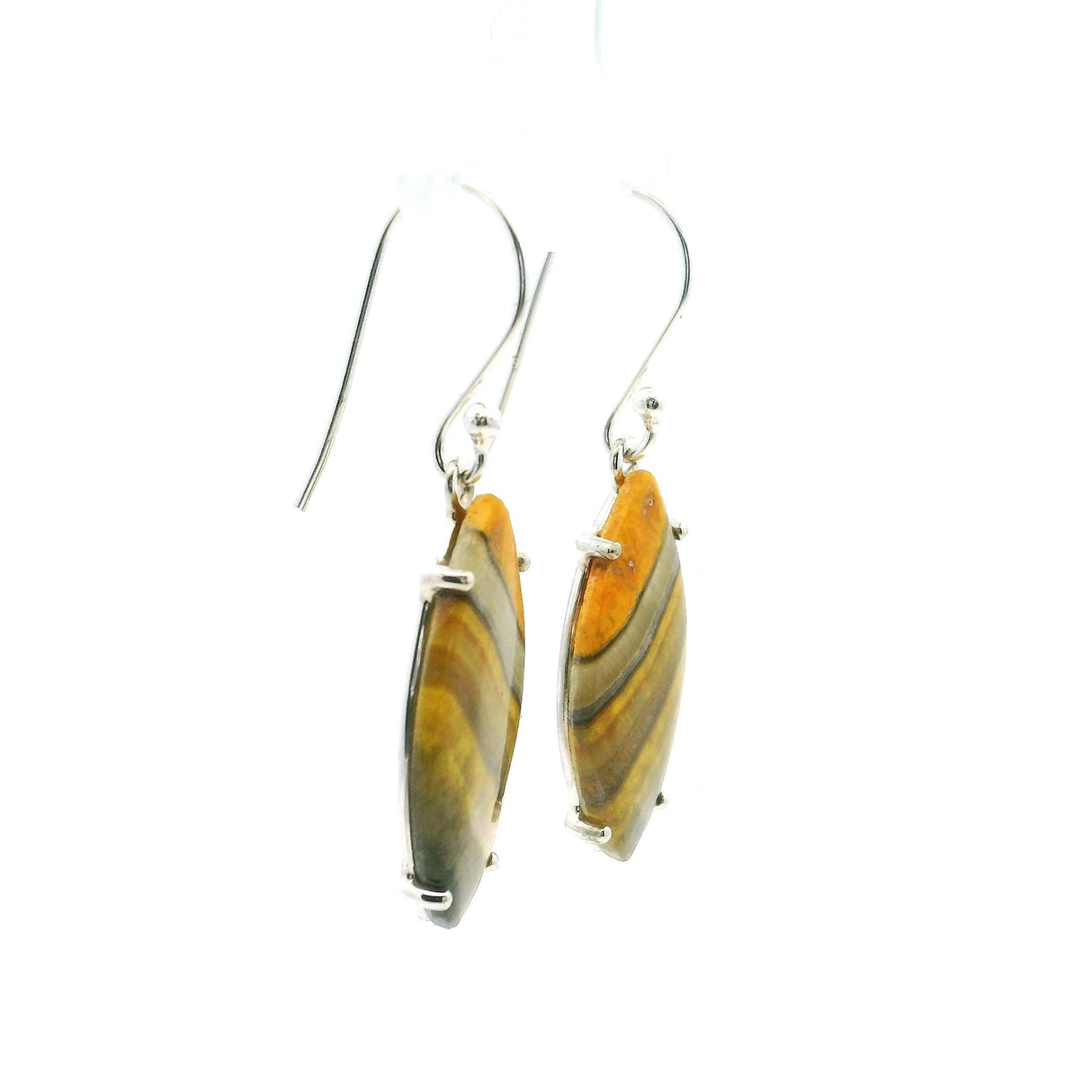 Bumblebee Jasper Dangle Earrings - Sharp Oval Cabochon with Angled Yellow & Gray Banding Prong Set in 925 Sterling Silver