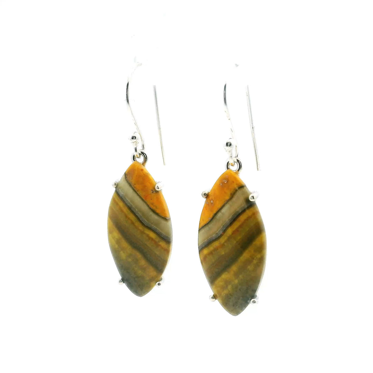 View of Bumblebee Jasper Dangle Earrings - Sharp Oval Cabochon with Angled Yellow & Gray Banding Prong Set in 925 Sterling Silver