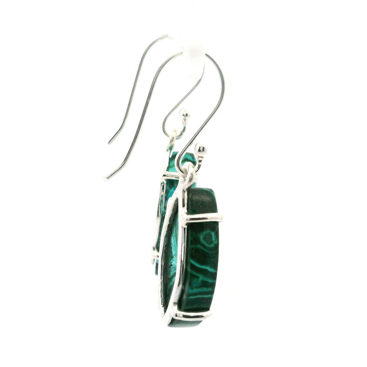 Chrysocolla Malachite Dangle Earrings - S-Shaped Cabochon with Curved Blue & Green Banding Prong Set in 925 Sterling Silver