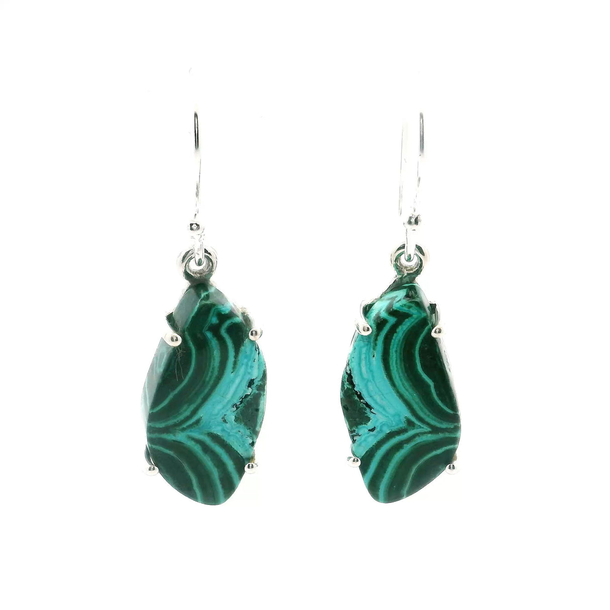 View of Chrysocolla Malachite Dangle Earrings - S-Shaped Cabochon with Curved Blue & Green Banding Prong Set in 925 Sterling Silver