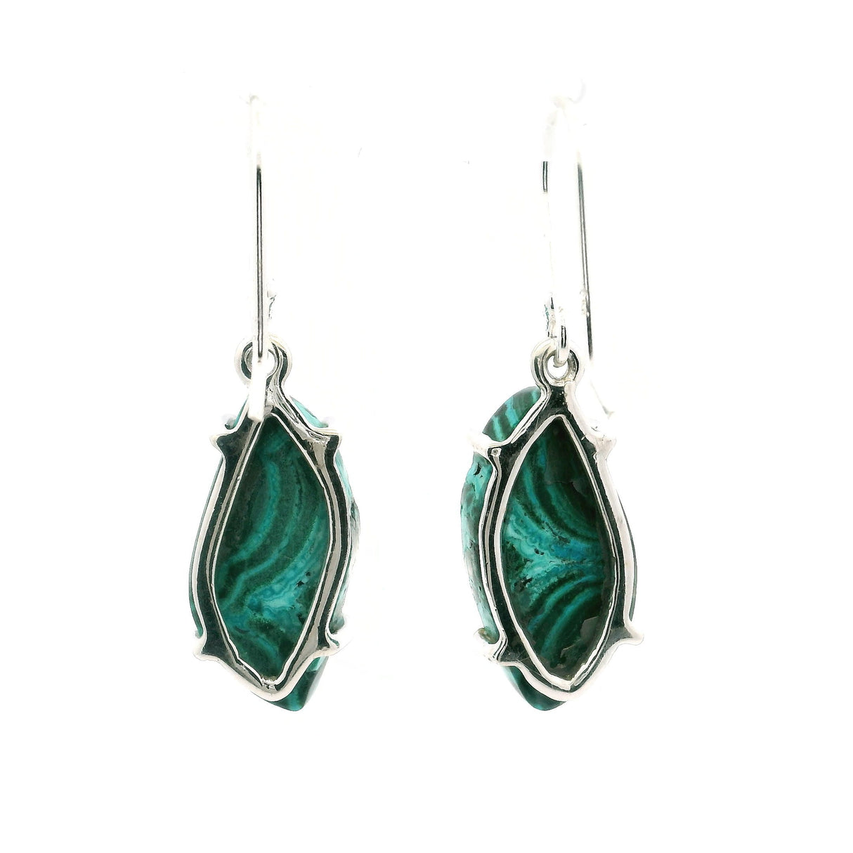 Chrysocolla Malachite Dangle Earrings - S-Shaped Cabochon with Curved Blue & Green Banding Prong Set in 925 Sterling Silver