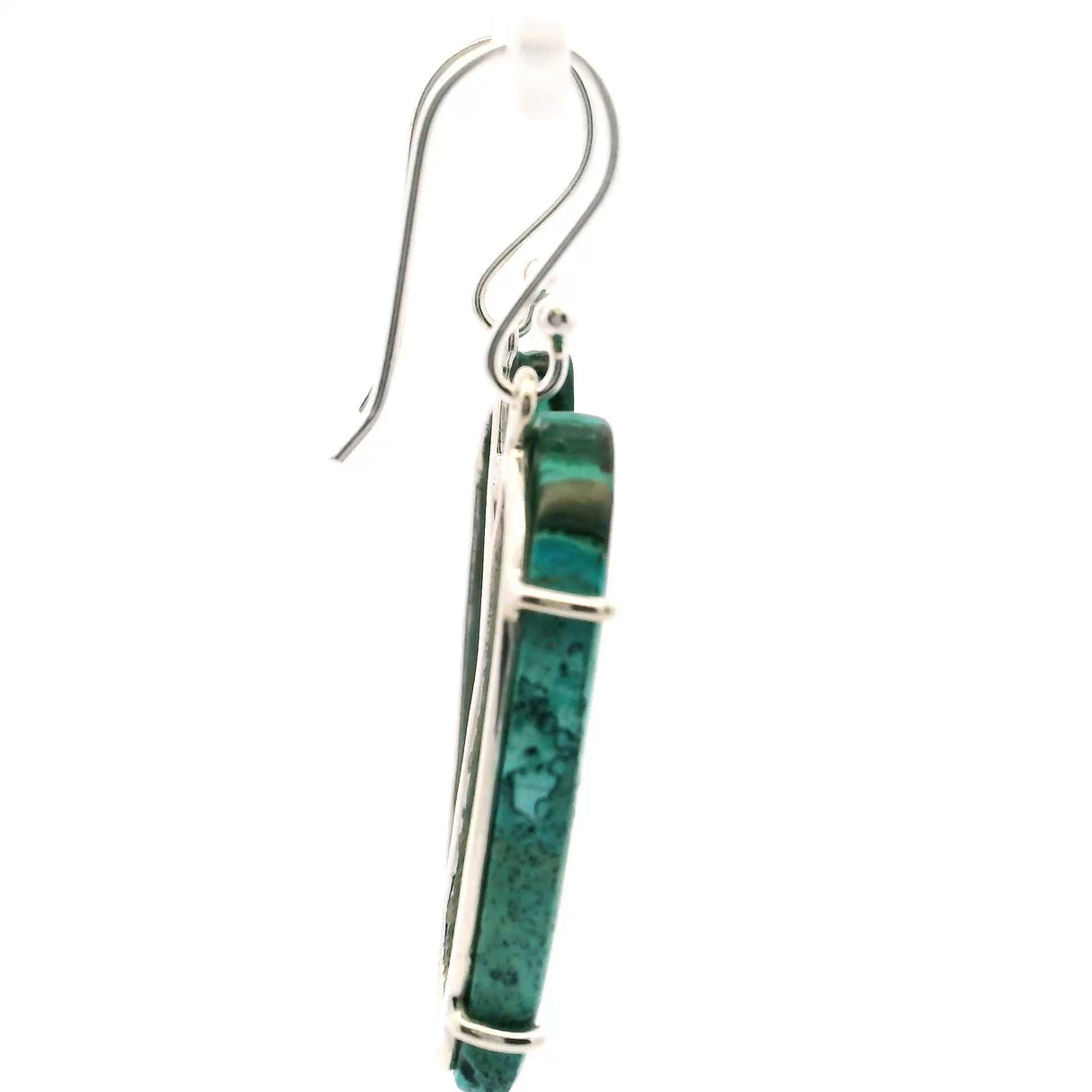 Chrysocolla Malachite Dangle Earrings - Long S-Shaped Cabochon with Straight Vertical Bands of LIght Green & Dark Green & Aqua Prong Set in 925 Sterling Silver