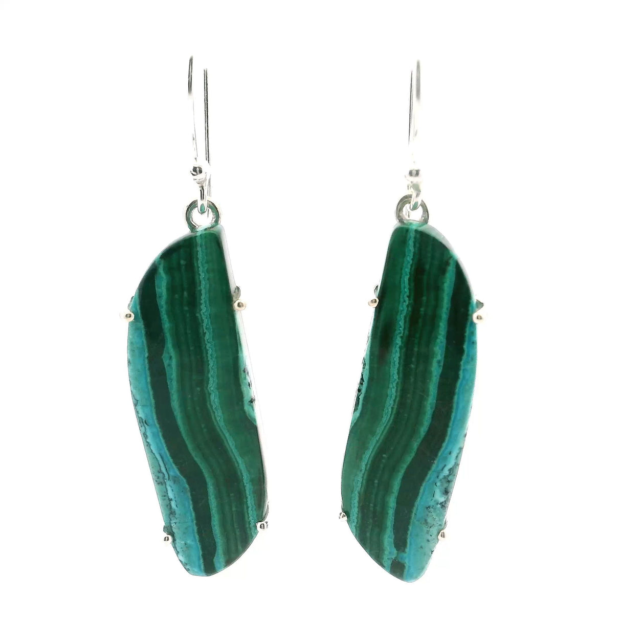 View of Chrysocolla Malachite Dangle Earrings - Long S-Shaped Cabochon with Straight Vertical Bands of LIght Green & Dark Green & Aqua Prong Set in 925 Sterling Silver
