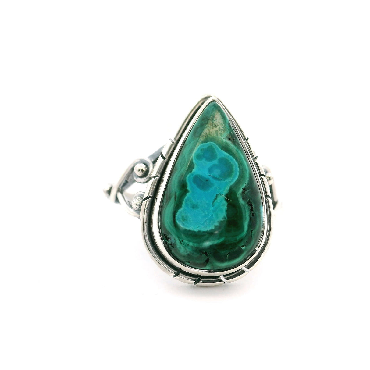 Chrysocolla Malachite Ring - Teardrop Cabochon With Aqua Blue Ghost And Double Band With Wishbone On Sides Bezel Set In 925 Sterling Silver sz5
