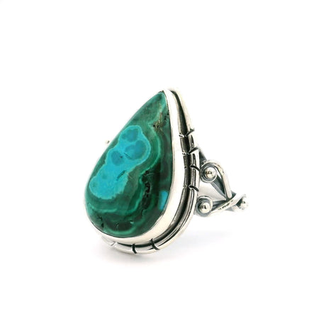 View of Chrysocolla Malachite Ring - Teardrop Cabochon With Aqua Blue Ghost And Double Band With Wishbone On Sides Bezel Set In 925 Sterling Silver sz5