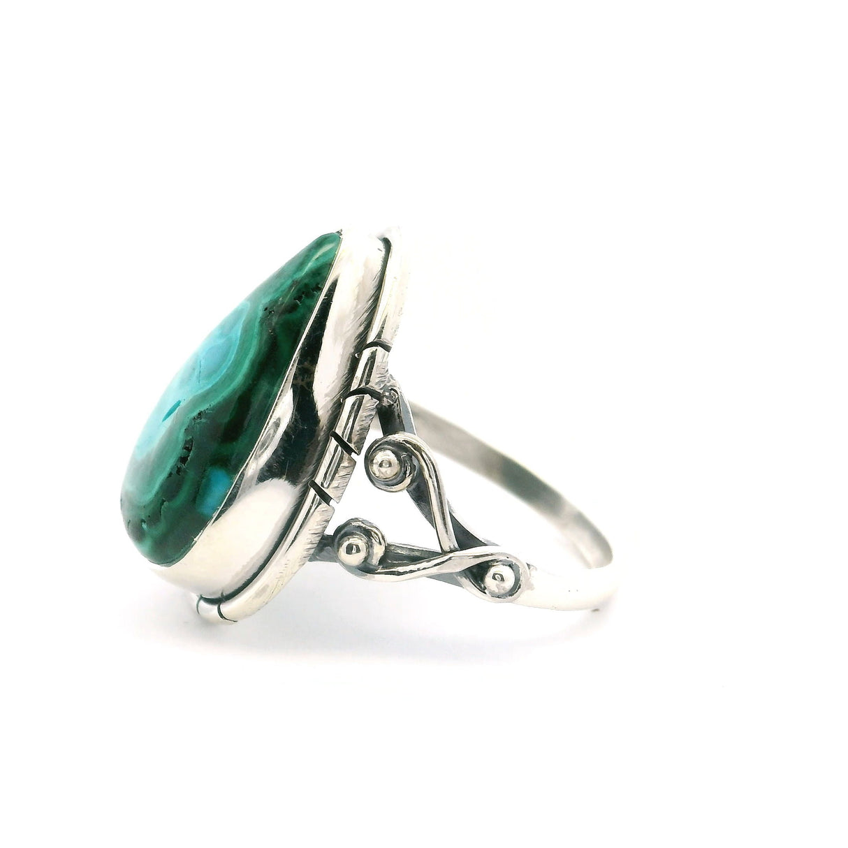 Chrysocolla Malachite Ring - Teardrop Cabochon With Aqua Blue Ghost And Double Band With Wishbone On Sides Bezel Set In 925 Sterling Silver sz5
