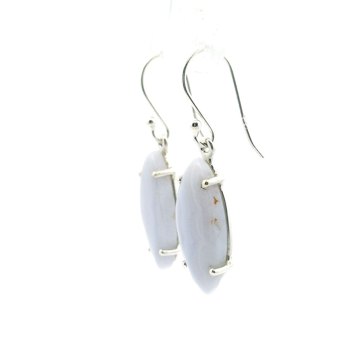 Blue Lace Agate Dangle Earrings - Sharp Oval Cabochon with Full Vertical Banding Prong Set in 925 Sterling Silver