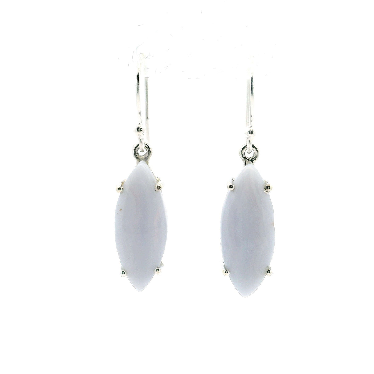 View of Blue Lace Agate Dangle Earrings - Sharp Oval Cabochon with Full Vertical Banding Prong Set in 925 Sterling Silver