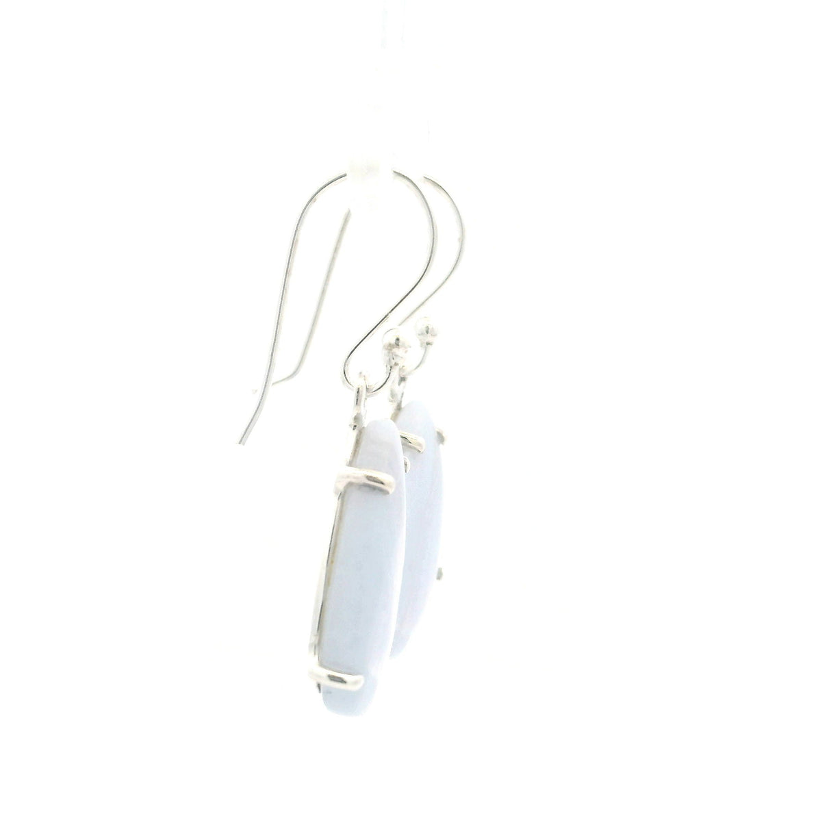 Blue Lace Agate Dangle Earrings - Teardrop Cabochon with Darker Vertical Banding Prong Set in 925 Sterling Silver