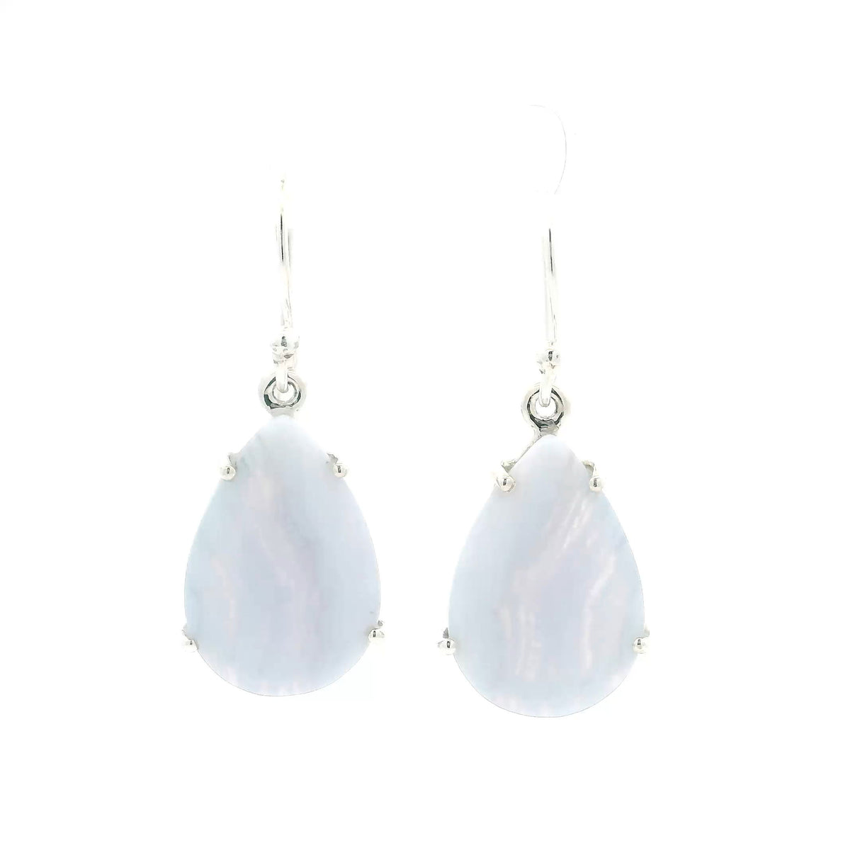 View of Blue Lace Agate Dangle Earrings - Teardrop Cabochon with Darker Vertical Banding Prong Set in 925 Sterling Silver