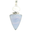 View of Blue Lace Agate Pendant - Inverted Triangular Cabochon with Horizontal Banding below Oval Rainbow Moonstone Cabochon Bezel Set in 925 Sterling Silver