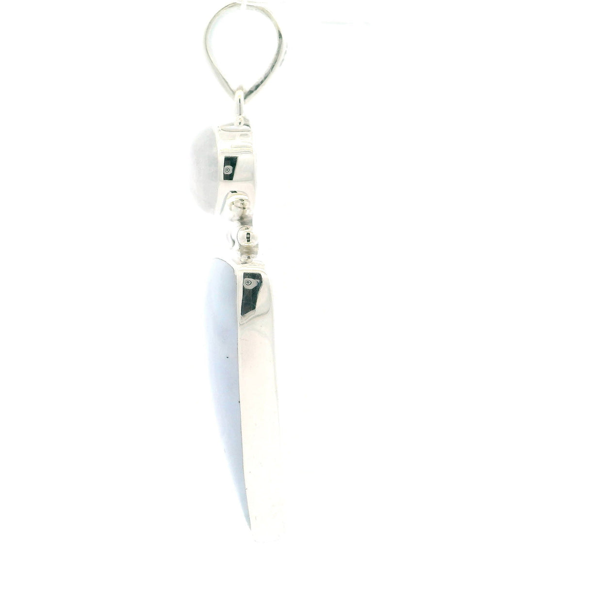 Blue Lace Agate Pendant - Inverted Triangular Cabochon with Horizontal Banding below Oval Rainbow Moonstone Cabochon Bezel Set in 925 Sterling Silver