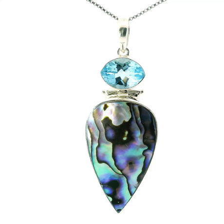 View of Abalone Shell Pendant - Reverse Pear Cabochon Below Faceted Blue Topaz Eyeball Bezel Set in 925 Sterling Silver with Chain