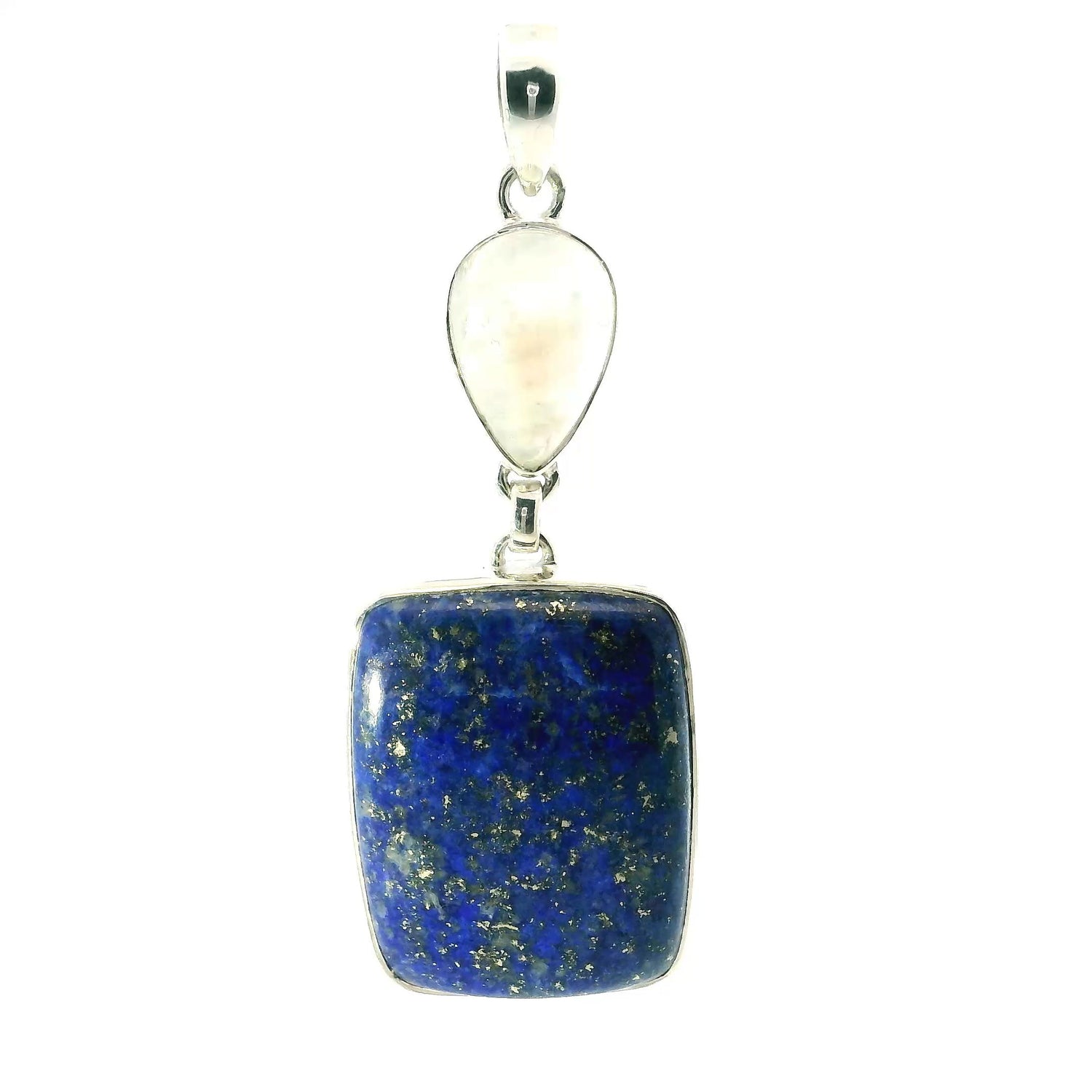 View of Lapis Lazuli Pendant - Rounded Rectangular Cabochon Below Inverted Rainbow Moonstone Teardrop Cabochon Bezel Set in 925 Sterling Silver