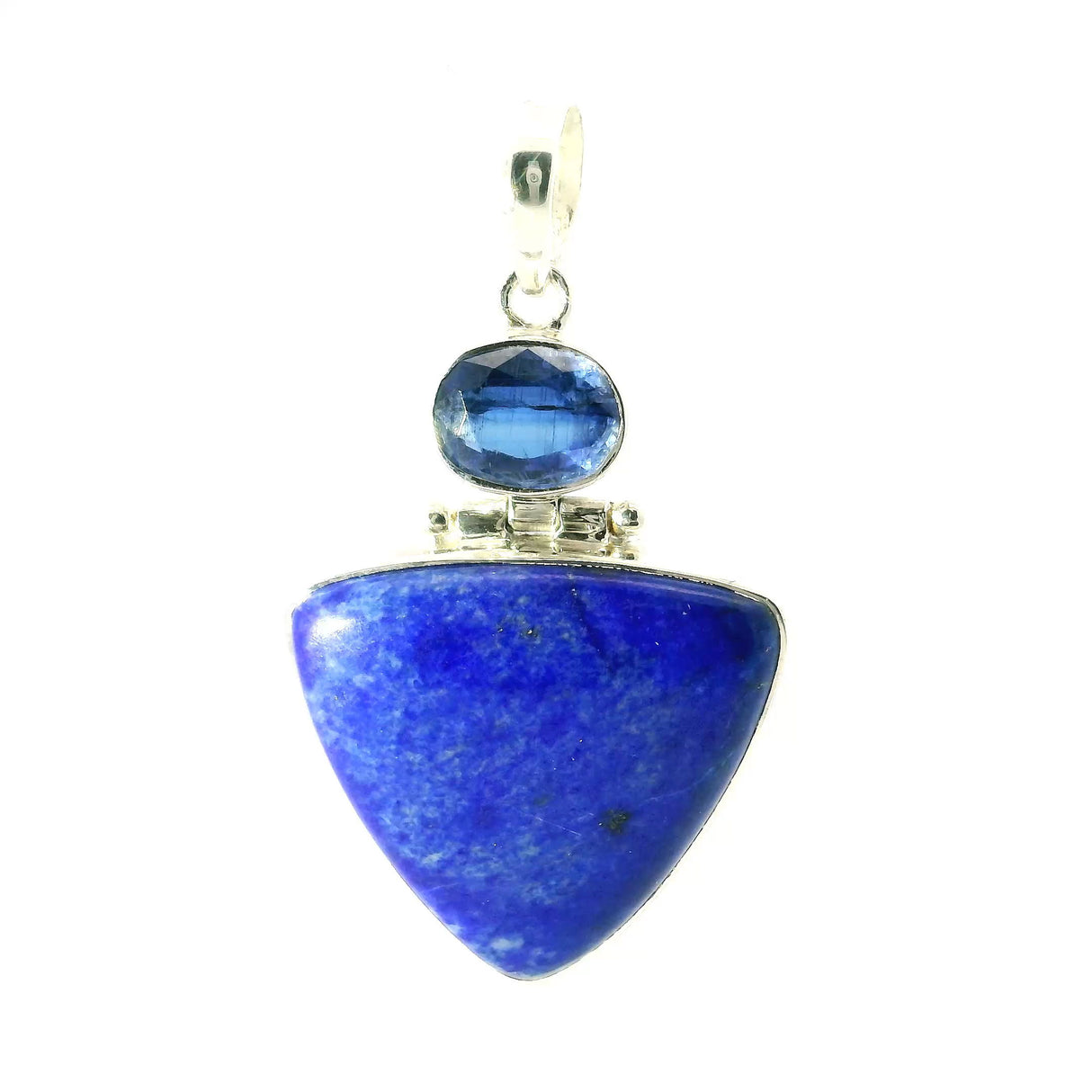 View of Lapis Lazuli Pendant - Triangular Cabochon Below Faceted East-West Kyanite Oval Bezel Set in 925 Sterling Silver