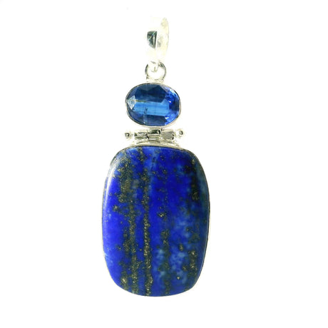 View of Lapis Lazuli Pendant - Wide Rounded Rectangular Cabochon Below Faceted East-West Kyanite Oval Bezel Set in 925 Sterling Silver