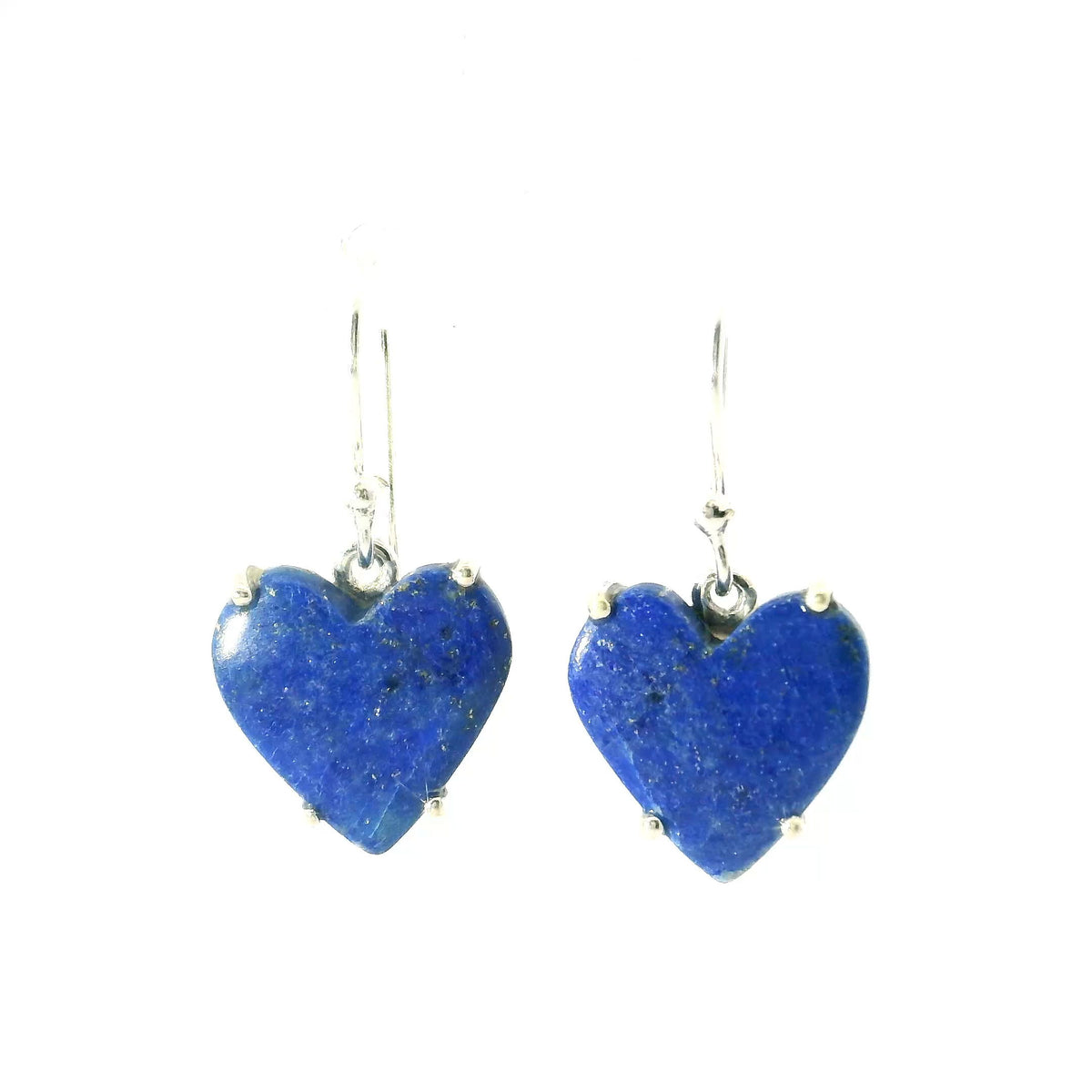 View of Lapis Lazuli Dangle Earrings - Heart Cabochon Prong Set in Simple 925 Sterling Silver