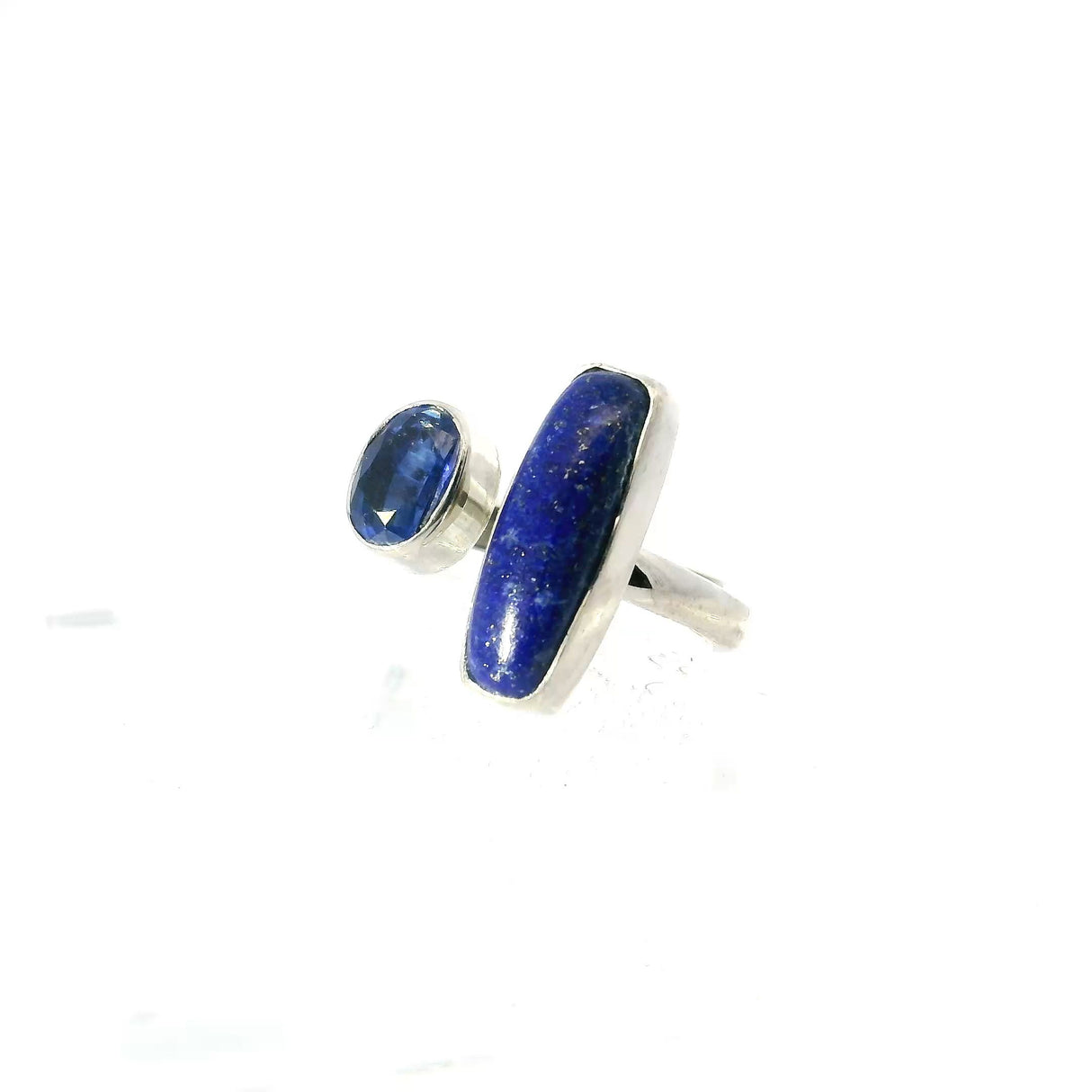 View of Lapis Lazuli Ring  - Narrow Rectangular Cabochon with Faceted Kyanite Oval on Open Band Bezel Set in 925 Sterling Silver szAdj