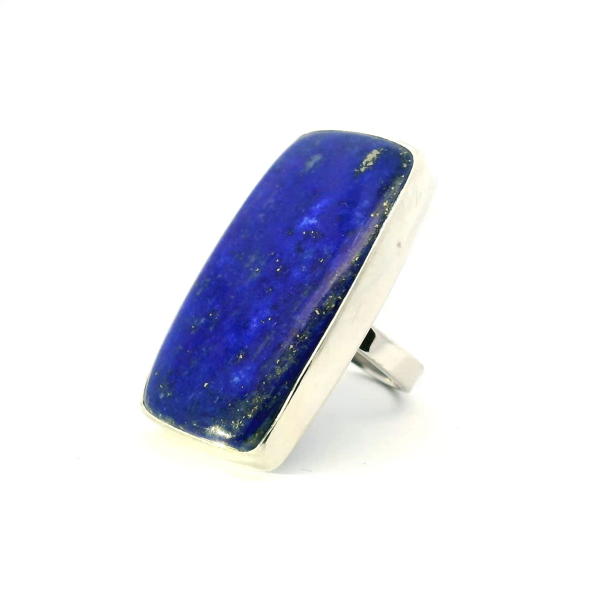 View of Lapis Lazuli Ring - Long Rounded Rectangular Cabochon Bezel Set in Simple 925 Sterling Silver szAdj