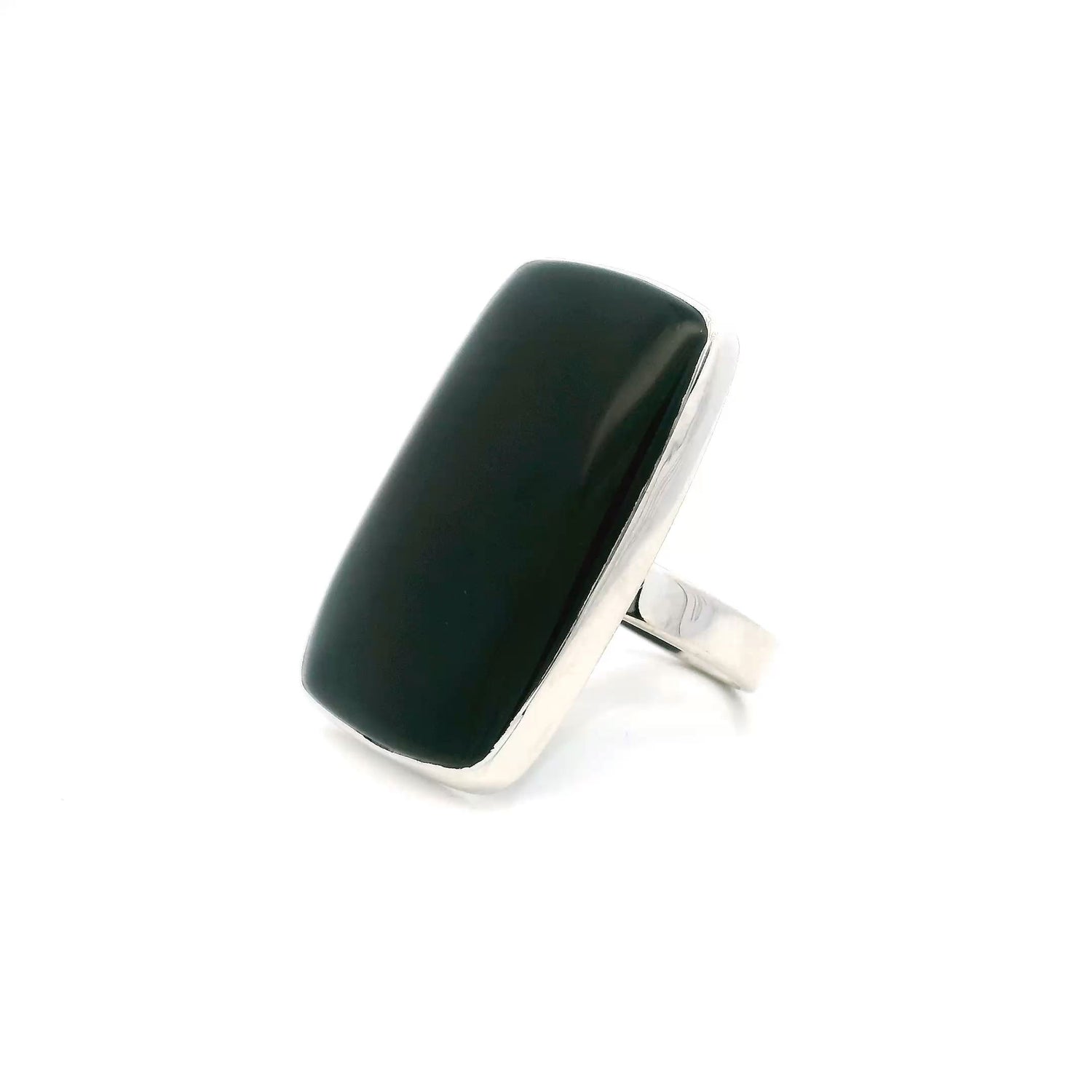 View of Black Onyx Ring -  Rounded Rectangle Cabochon Bezel Set in Simple 925 Sterling Silver szAdj