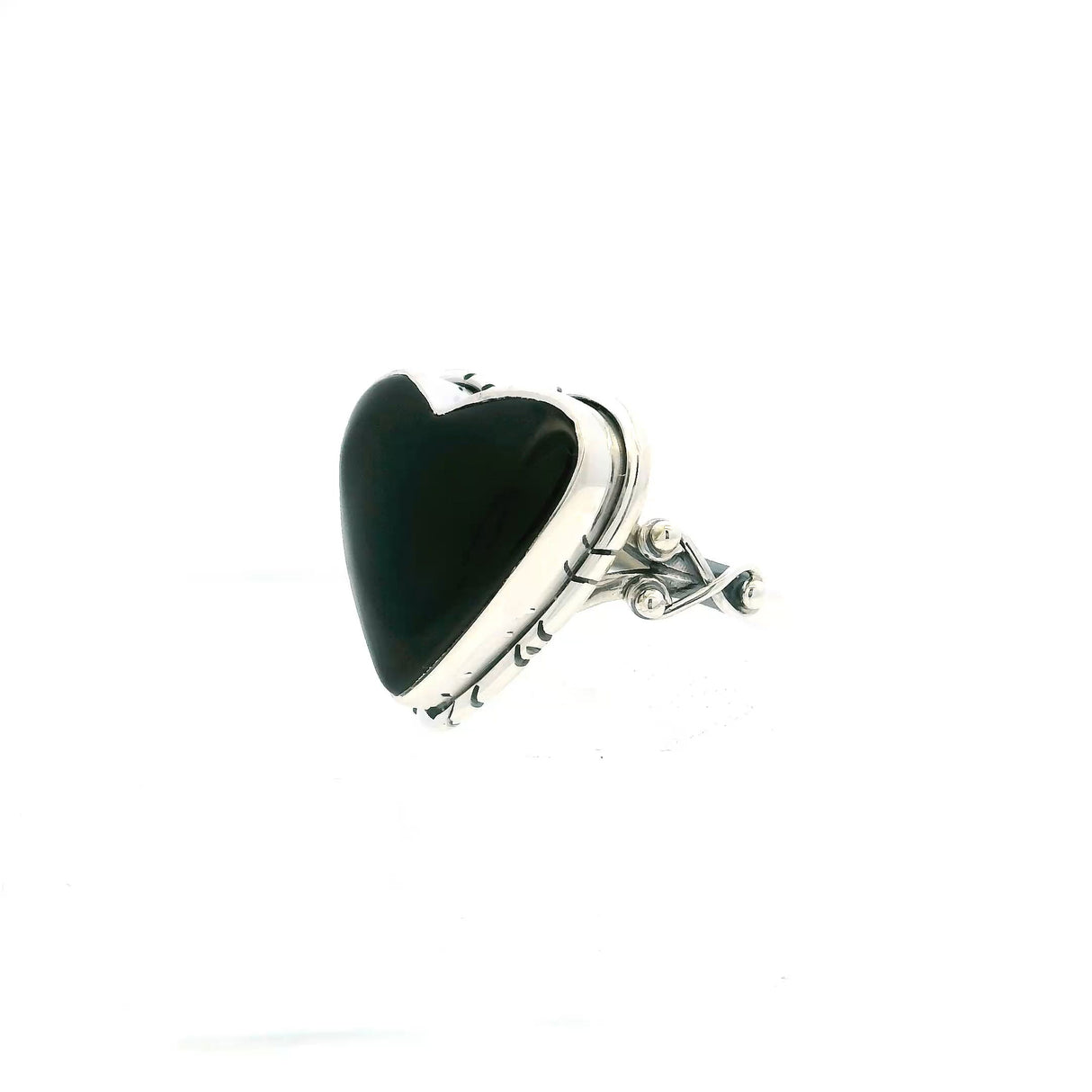 View of Black Onyx Ring - Heart Cabochon with Line Details Bezel Set in Double Band with Wishbone & Bead Sides in 925 Sterling Silver sz10