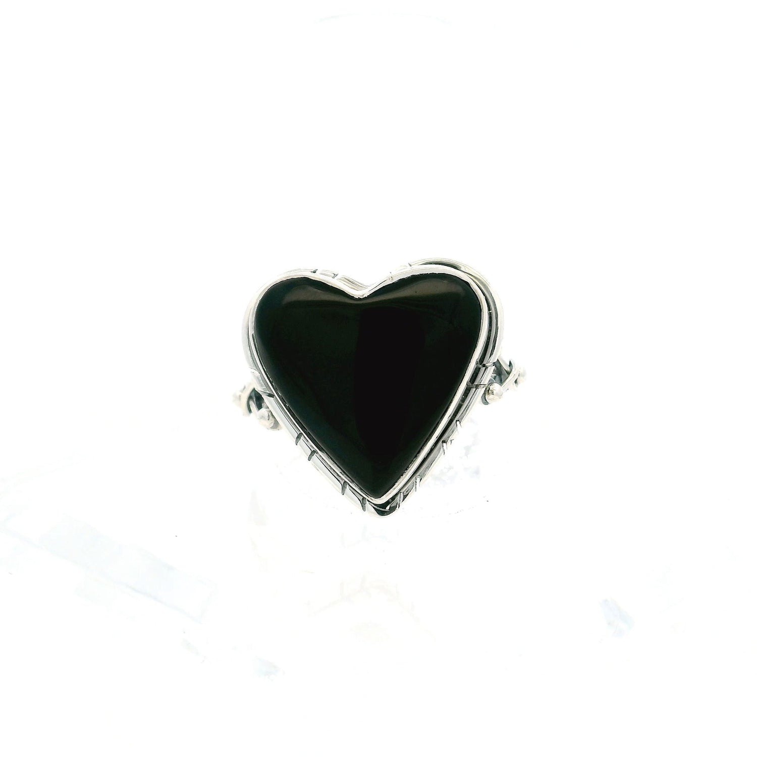 Black Onyx Ring - Heart Cabochon with Line Details Bezel Set in Double Band with Wishbone & Bead Sides in 925 Sterling Silver sz10