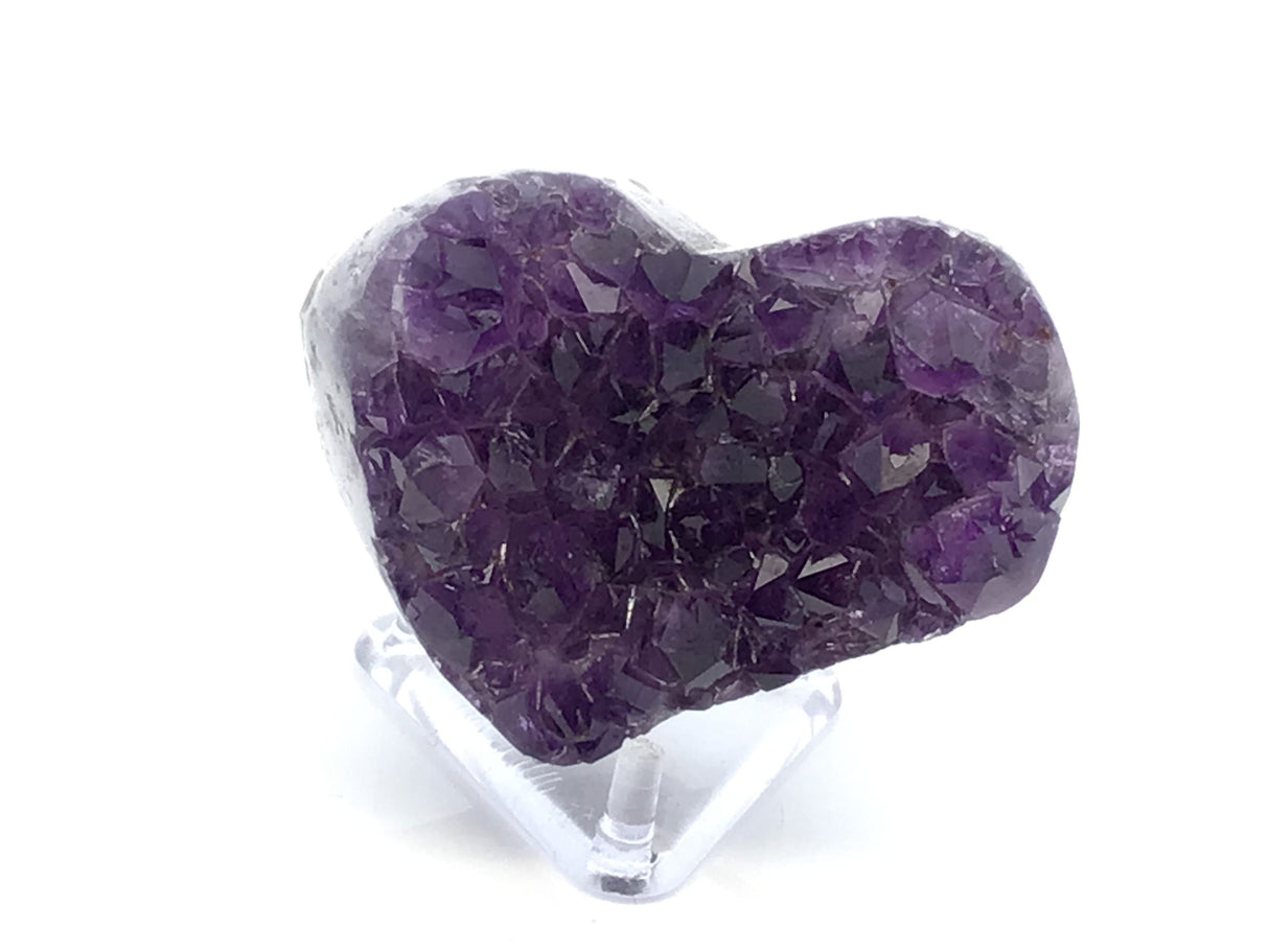 View of Amethyst Crystal Heart on Lucite Cluster Stand