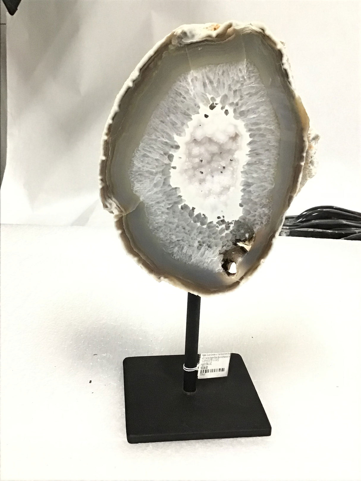 View of Agate Druze Geode on Post Stand from Brazil with Carmel Agate Edge Band & Rose de France Druze