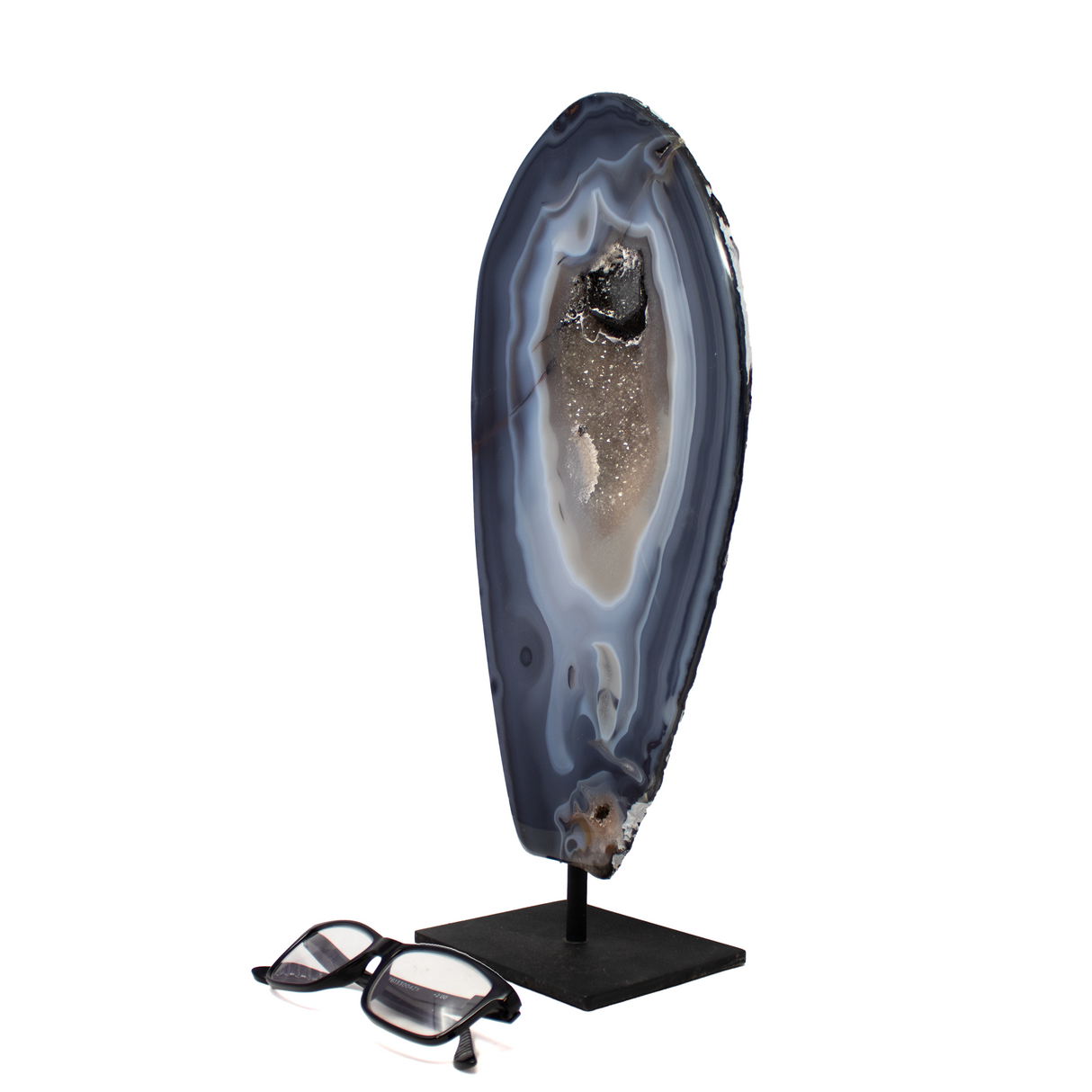 Agate Druze Geode on Post Stand from Brazil with Navy Agate & Dissolved Calcite Crystal Inclusion of Black Druze
