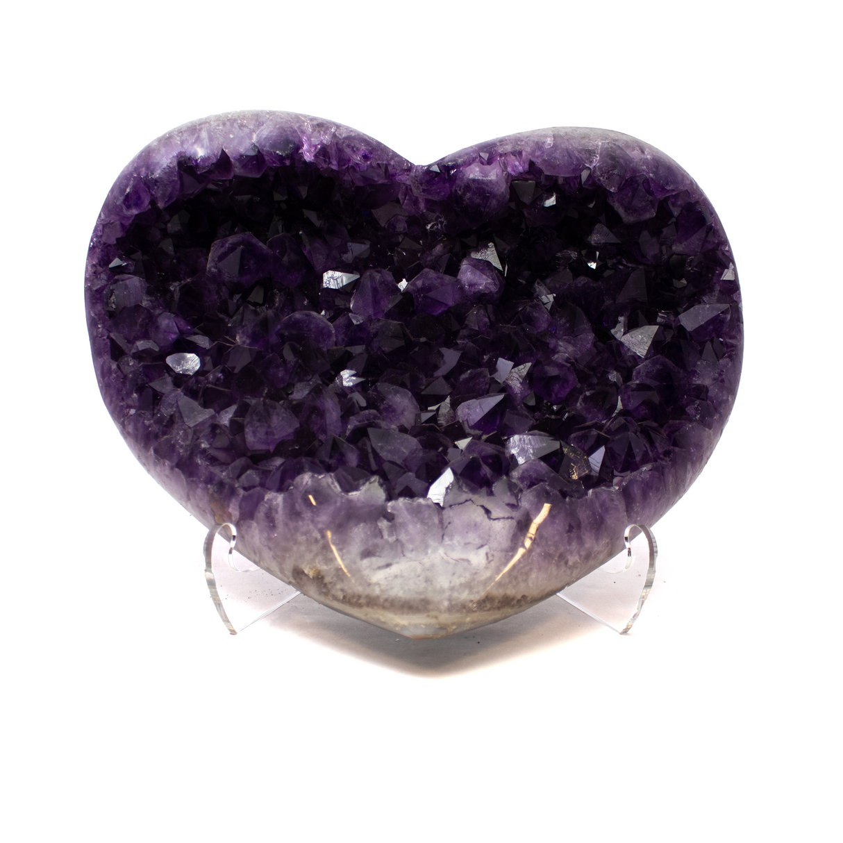 View of Amethyst Crystal Heart from Brazil on Lucite Stand