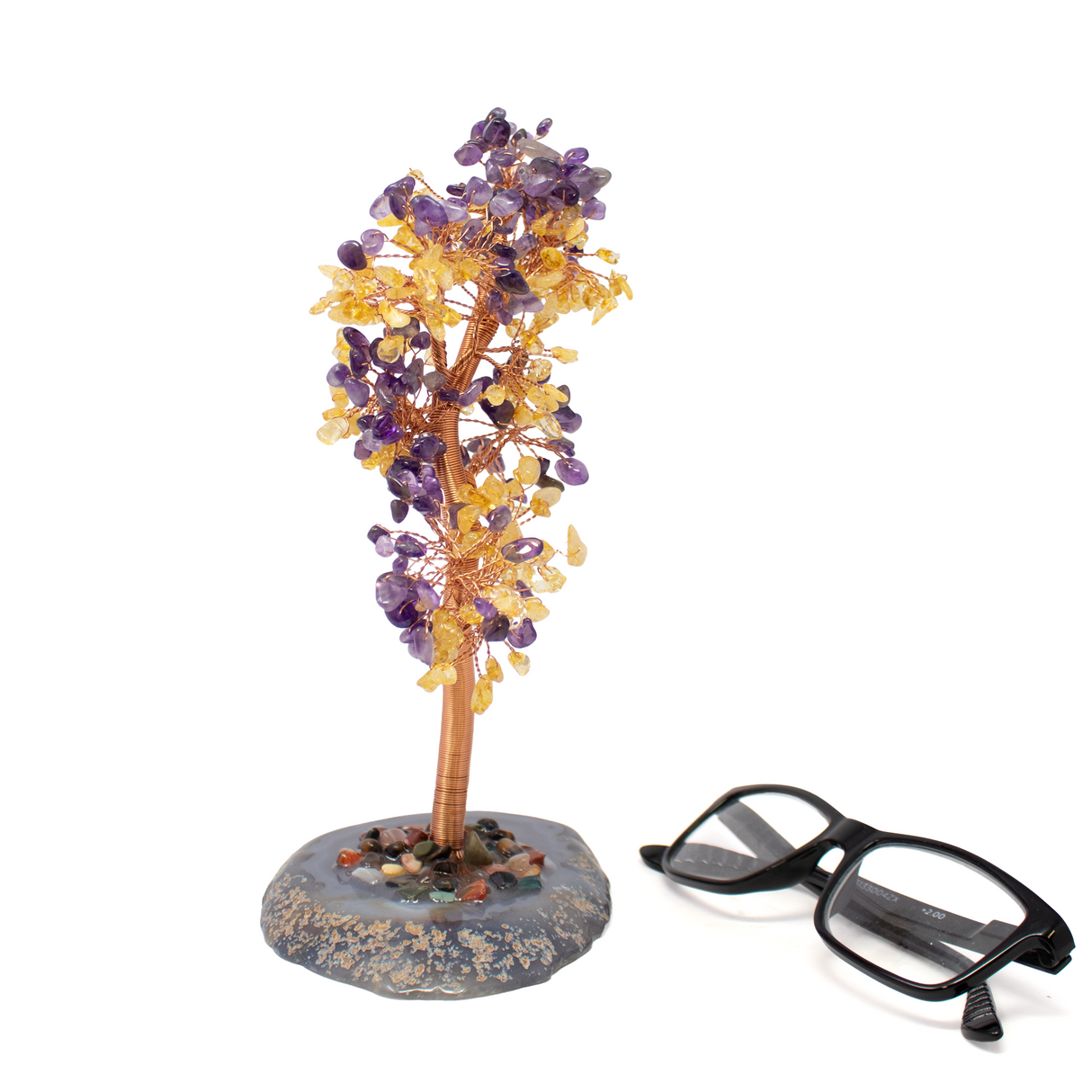 8" Amethyst and Citrine Wire Beaded Tree on Agate Slice Base - Large