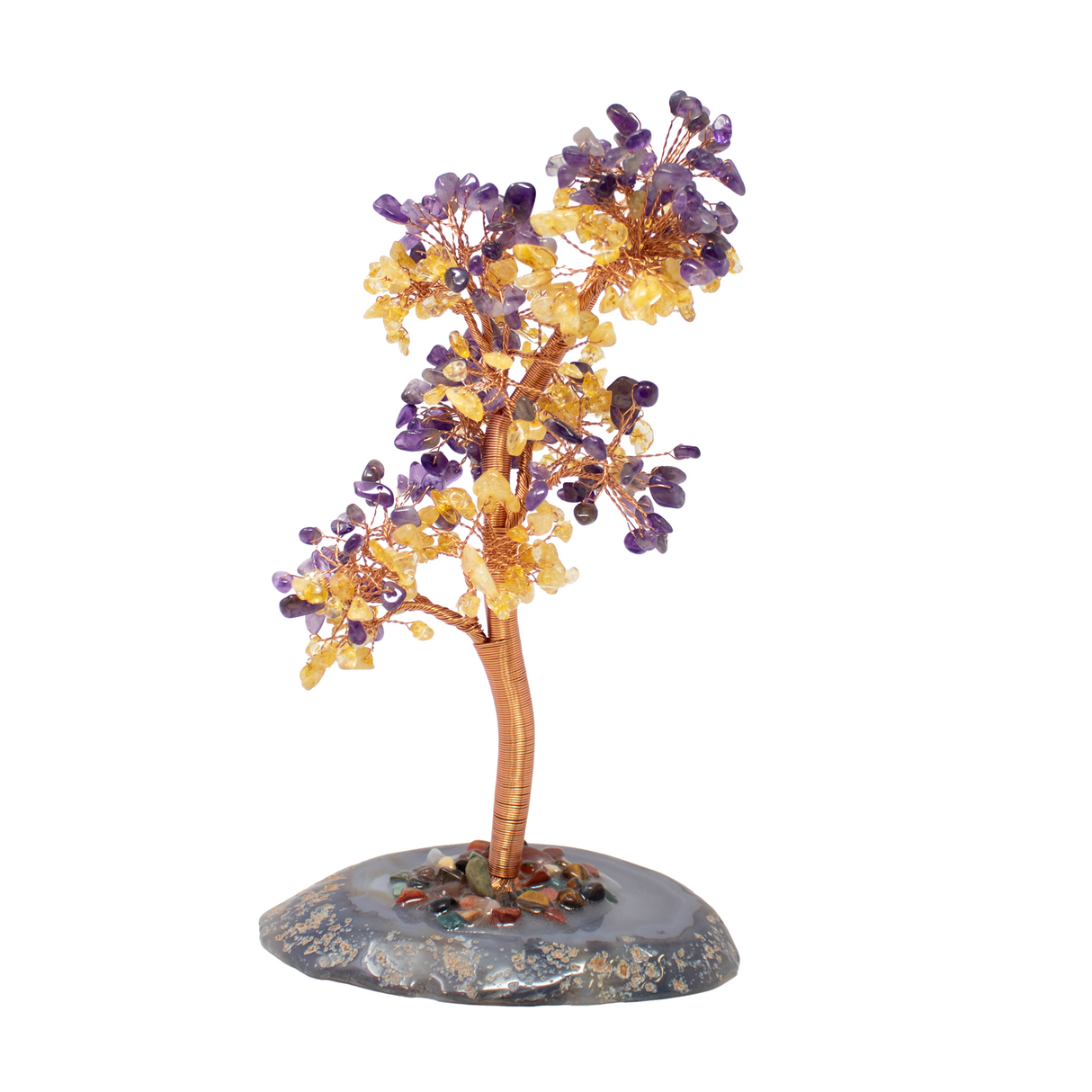 View of 8\" Amethyst and Citrine Wire Beaded Tree on Agate Slice Base - Large
