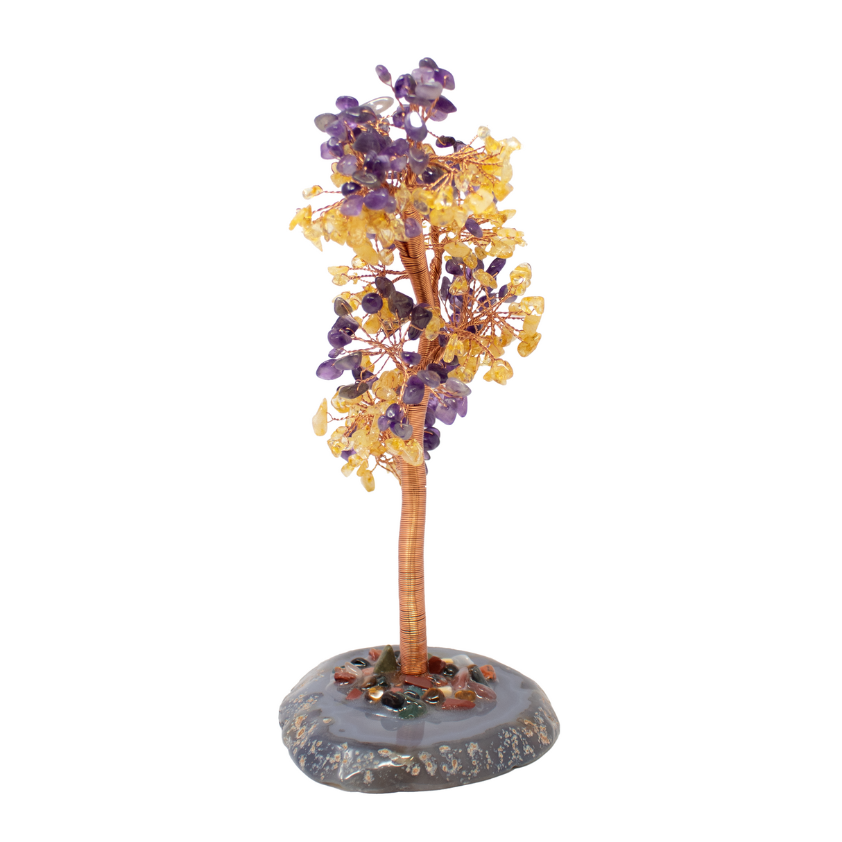 8" Amethyst and Citrine Wire Beaded Tree on Agate Slice Base - Large
